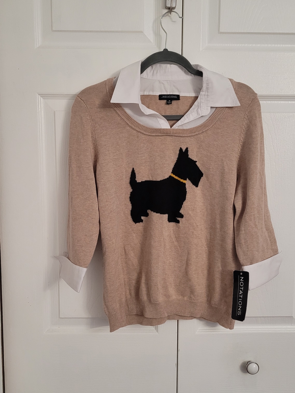 Notations Beige Crewneck Sweater with Black Scottie and Gold Collar